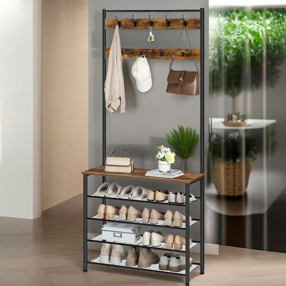 image 1 of Coat Rack Stand With 5 Tier Shoe Bench One Size