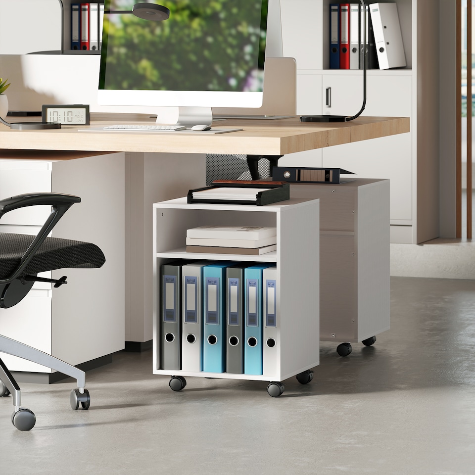 image 1 of HOMCOM 2-Tier Printer Stand with Storage and Wheels, White | White | White | 40W x 35D x 55.5H cm