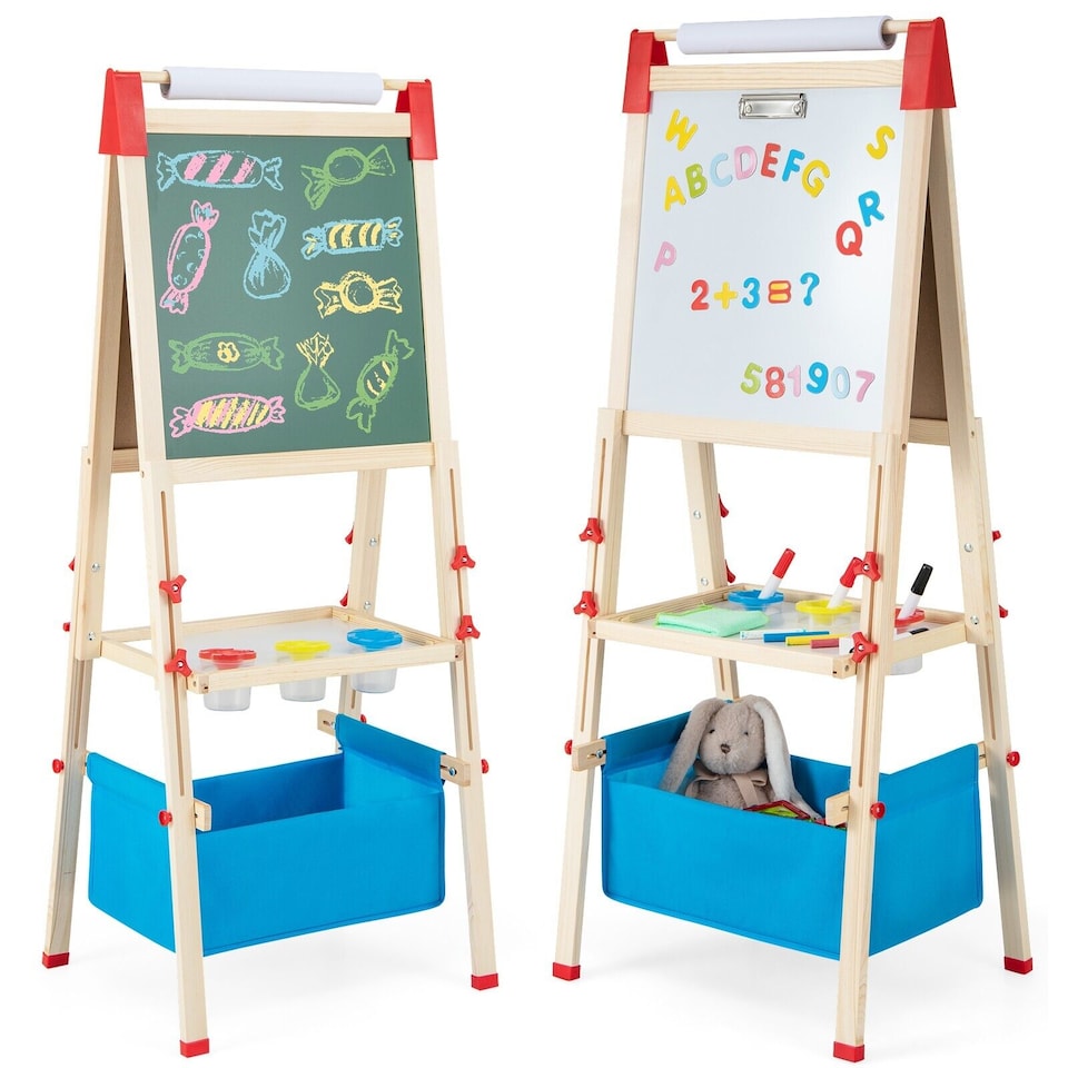 image 1 of COSTWAY Wooden Kids Art Easel Double Sided Easel Blackboard W/Replaceable Paper Roller