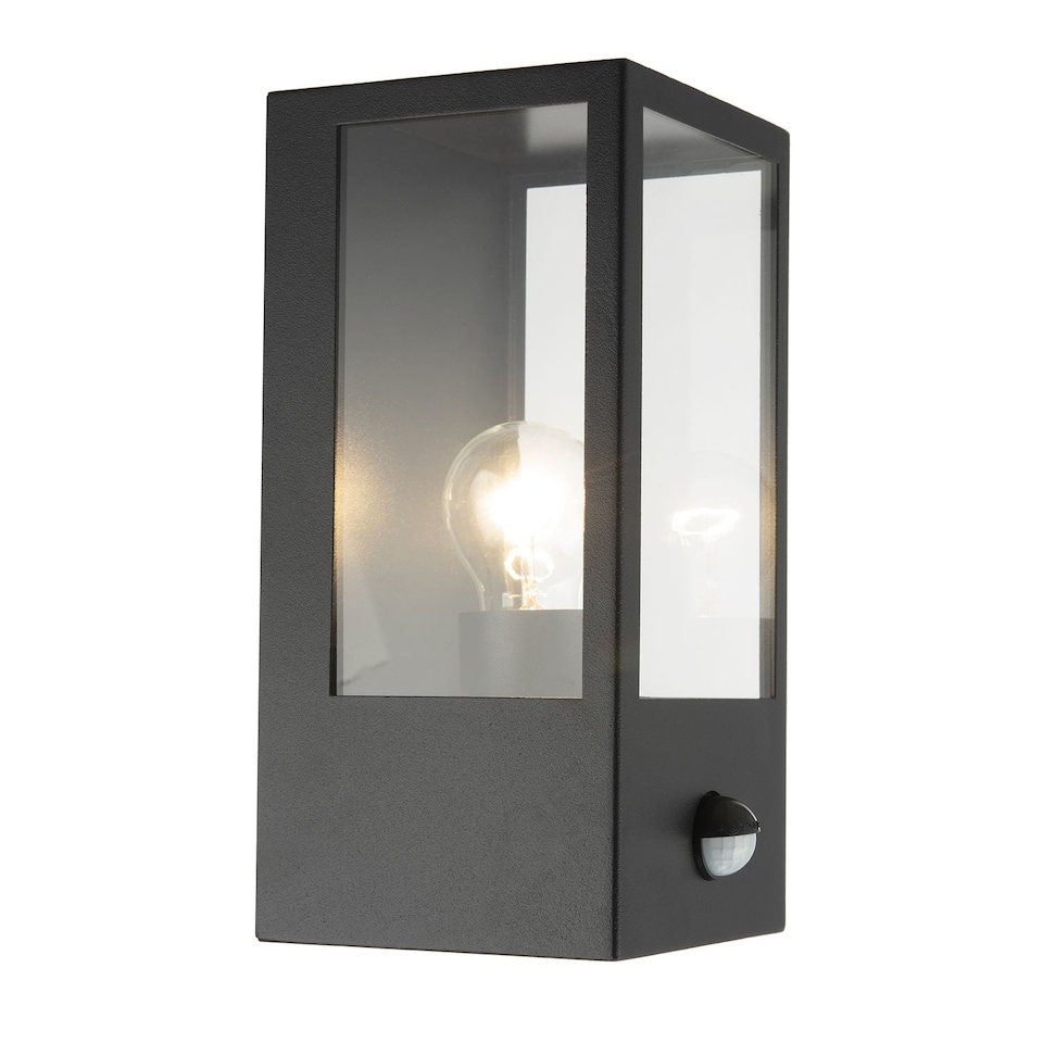 image 1 of Modern Outdoor PIR Sensor Wall Light Fitting with Box Lantern Shape IP44 Rated | Black | Black | 1
