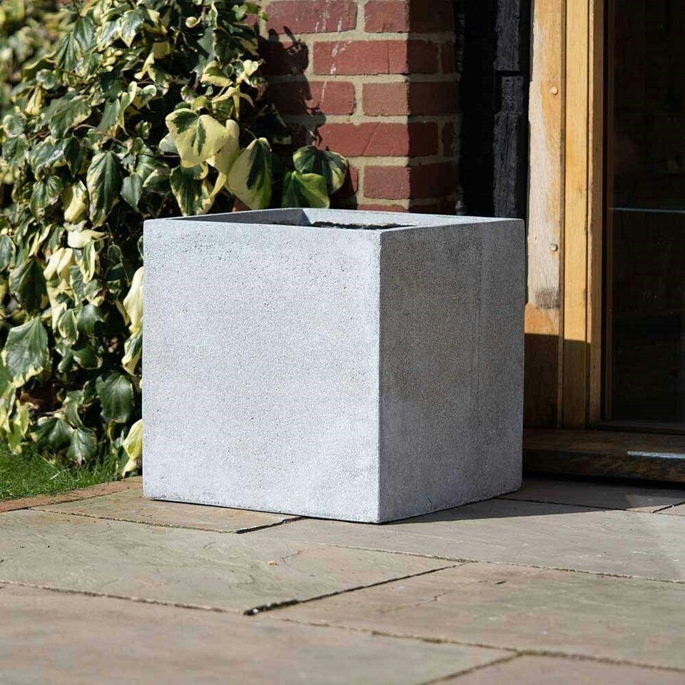 image 1 of Primrose Grey Cube Handmade Fiberstone Indoor Outdoor Planter 40cm