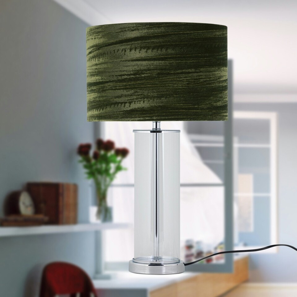 image 1 of Aura - Chrome Table Lamp with Green Crushed Velvet Shade Chrome | Green