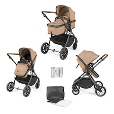 Cosmo 2 in 1 Travel System (Desert) - Birth to 22kg (Approx. 4 Years). Convertible Seat, UPF 50+ Hood, Footwarmer, Apron, Raincover, Changing Bag & Mat