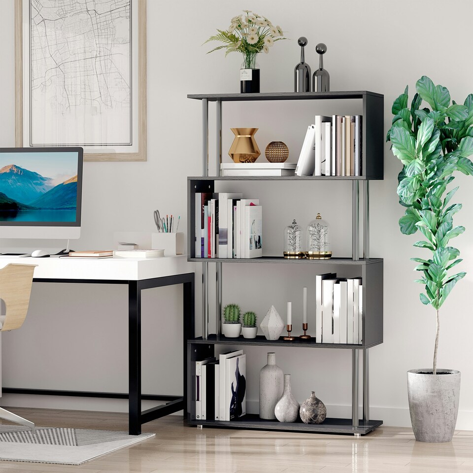 image 1 of HOMCOM Wooden Storage Display Unit Bookshelf Bookcase Dividers S Shaped Black