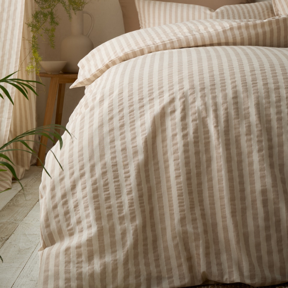 image 1 of Pineapple Elephant Cotton Rich Woven Stripe Duvet Cover Set | Cream | Natural | Super King