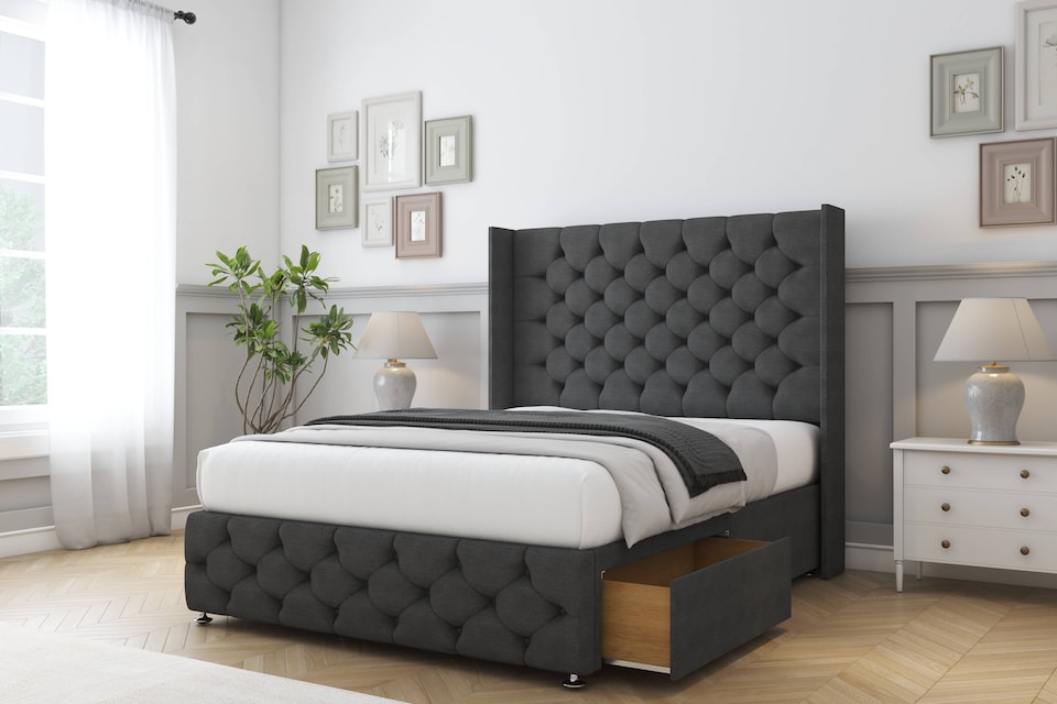 image 1 of Sloomy Luthor Graphite Dumfries Divan Bed With Mattress 2 Drawers Footend With 54" Wingback Headboard & 12" Matching Footboard 4' Small Double | Grey | Graphite | Small Double | 1