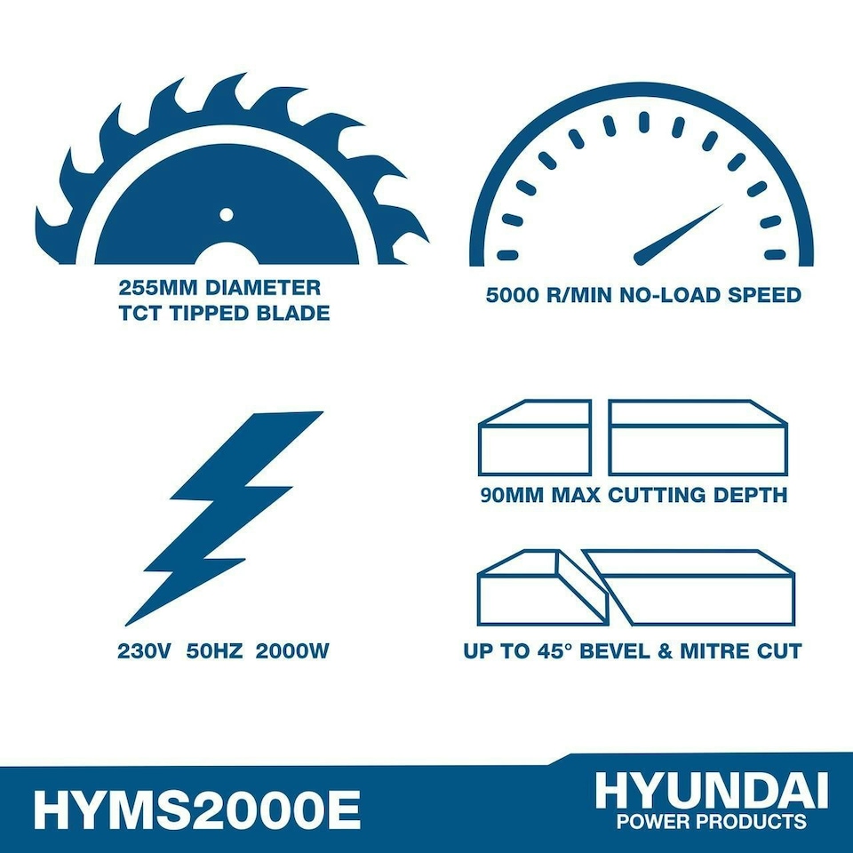 image 1 of Hyundai 2000W Electric Mitre Saw / Chop Saw with 255mm Blade, 230V | HYMS2000E