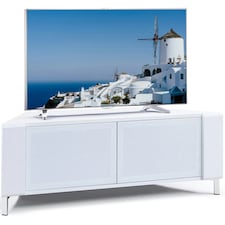 MDA Designs CORVUS Corner-Friendly Gloss White Contemporary Cabinet with White Profiles White BeamThru Glass Doors Suitable for Flat Screen TVs up to 50" White