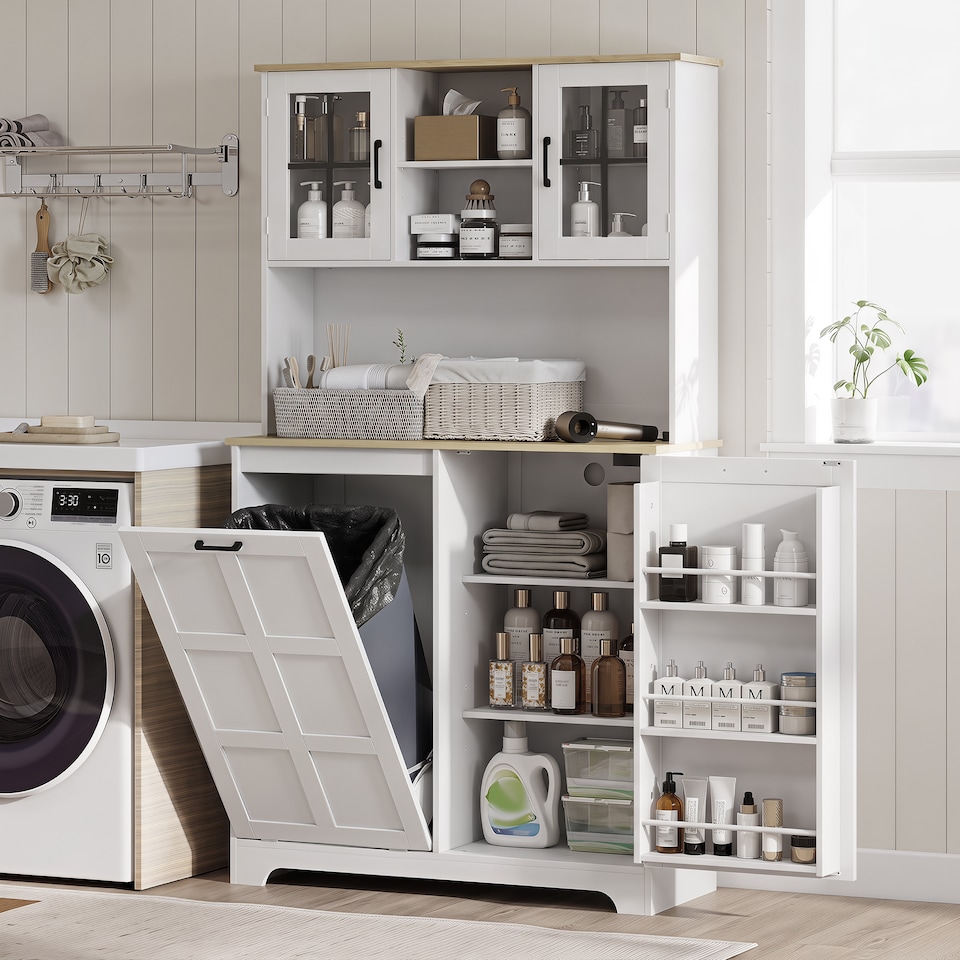 image 1 of HOMCOM 175cm Tall Kitchen Cabinet with Charging Station, Rubbish Bin, White