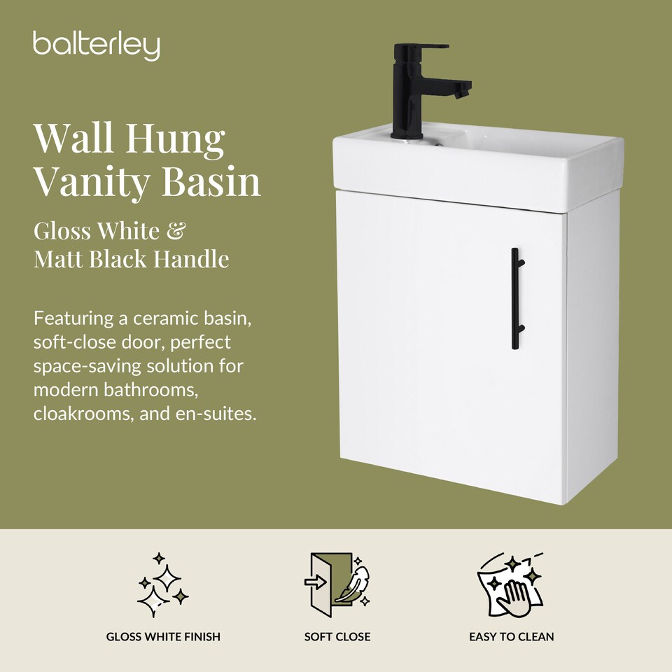 image 1 of Balterley Floor Standing Vanity Basin 400mm Gloss White & Matt Black Handle