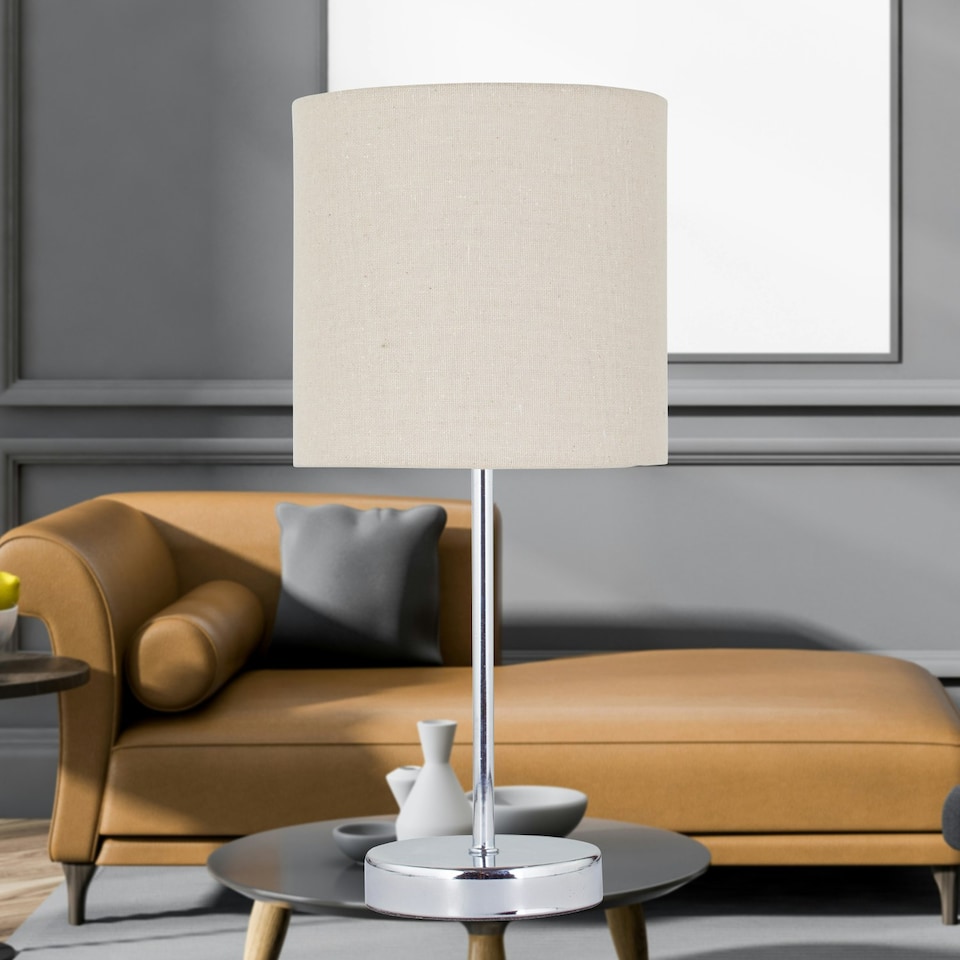 image 1 of First Choice Lighting Chrome Touch Operated Table Lamp with Natural Linen Shade Chrome | Brown