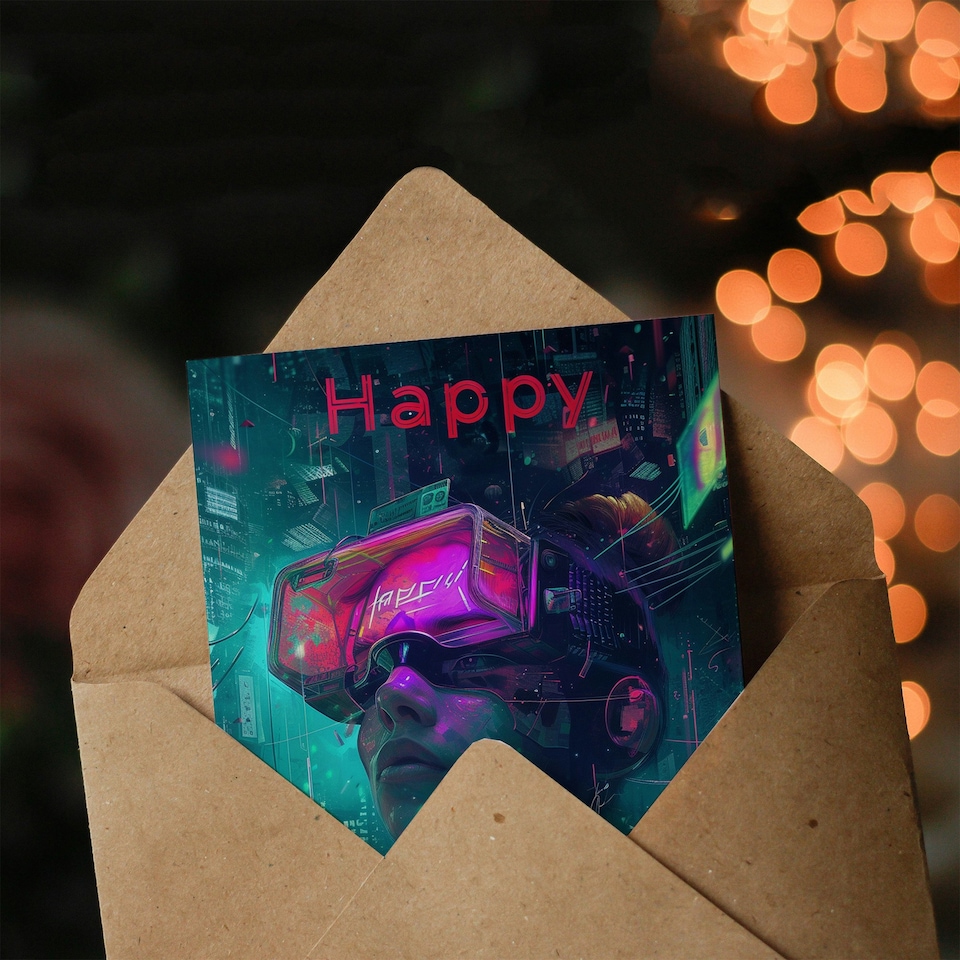 image 1 of Cyberpunk Woman Gamer VR Neon For Him Birthday Card