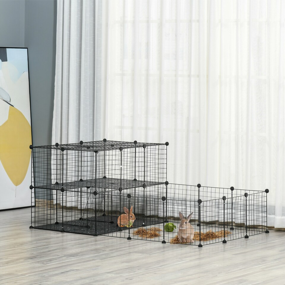 image 1 of PawHut Pet Playpen with Door, Guinea Pigs Metal Mesh Cage, Customizable Fence for Small Animal, Chinchilla, for Indoor and Outdoor Use, with Mallet, Black