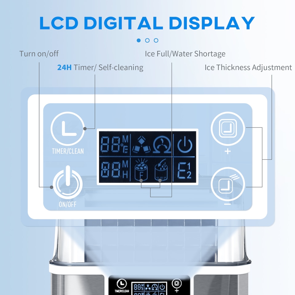 image 1 of HOMCOM 20kgDay Ice Maker Machine Countertop, Stainless Steel Portable Ice Cube Maker, 2 Ways to Add Water, 24 Pcs Ready in 14 Mins, Adjustable Ice Size, Self-Cleaning with Scoop & Basket, 3.2L,Silver