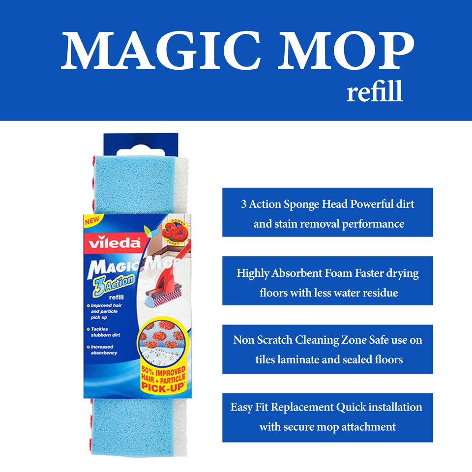 image 1 of Vileda Magic Mop Refill Sponge Floor Cleaning Replacement Head Hard Floors Pack of 3