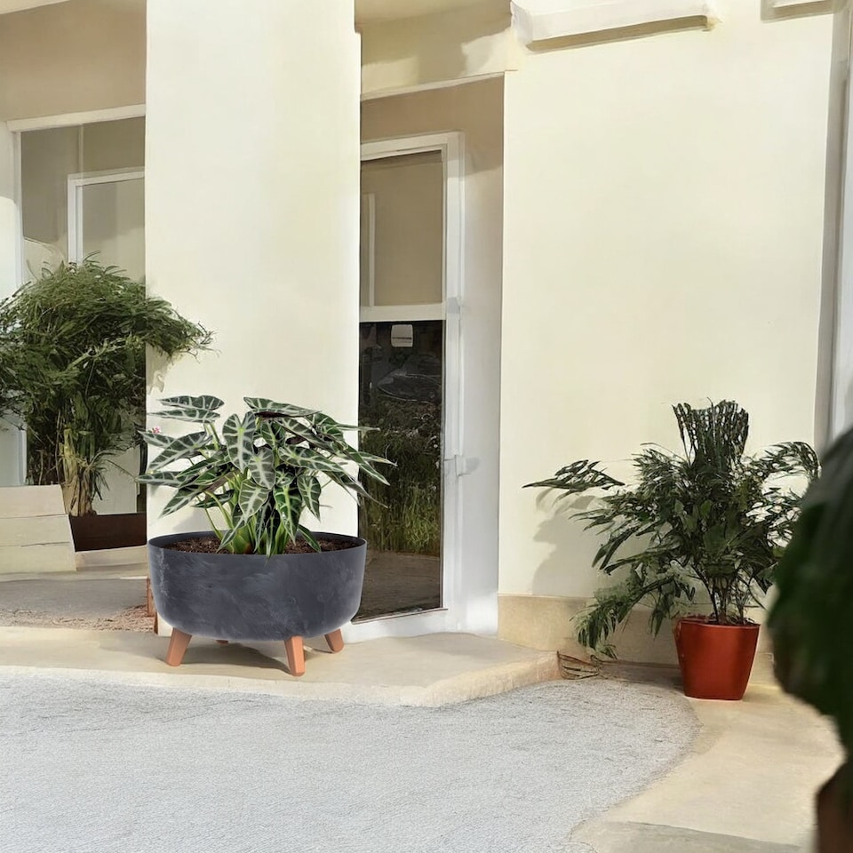 image 1 of 24cm Round Concrete Look Planter with Legs | Black | 1