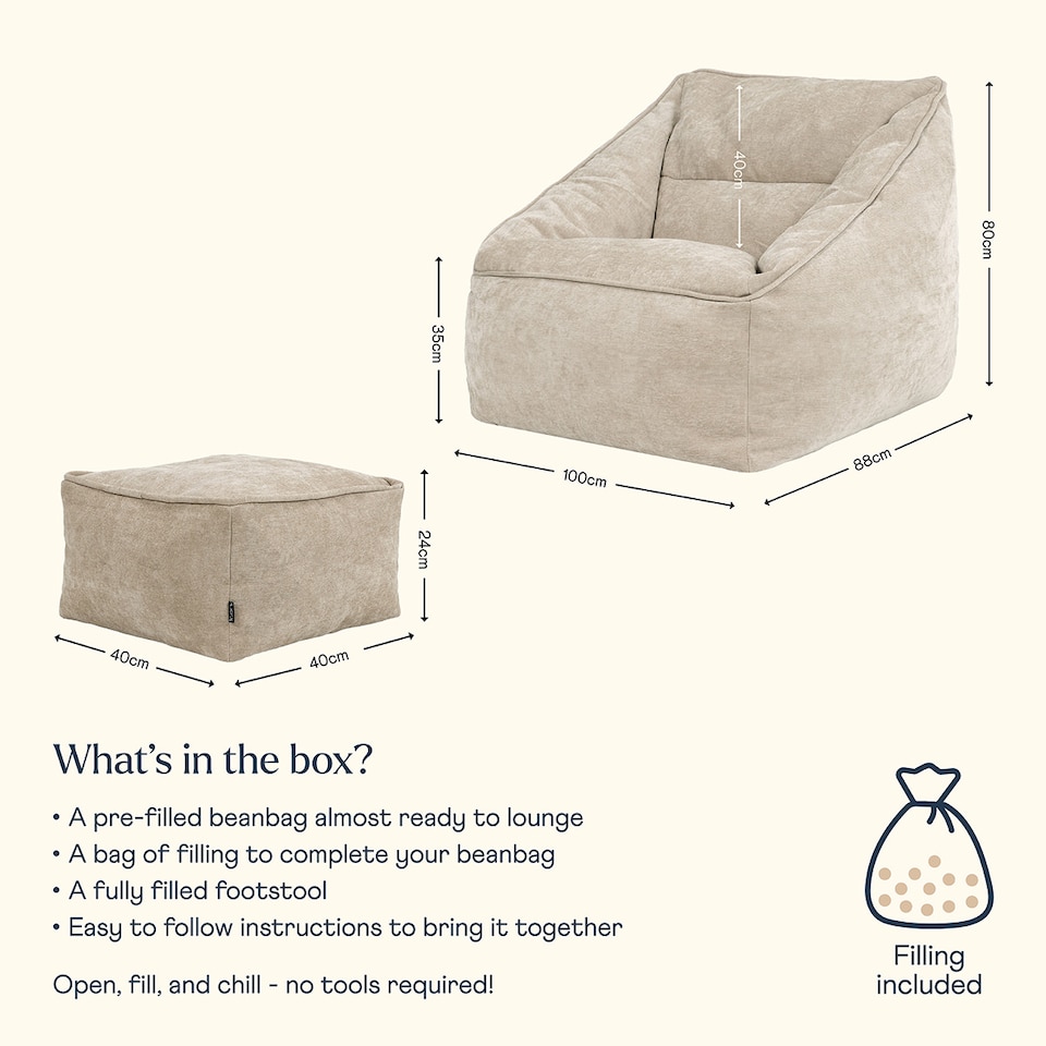 image 1 of Natalia Chenille Adults Bean Bag Armchair and Pouffe, Ready Filled Large Beanbag and Footstool Natural Beige | Cream | Beige | 2