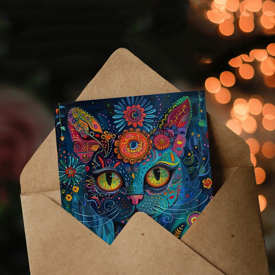 image 1 of Cat Lover Floral Folk Spirit Guide Woman Her Birthday Card