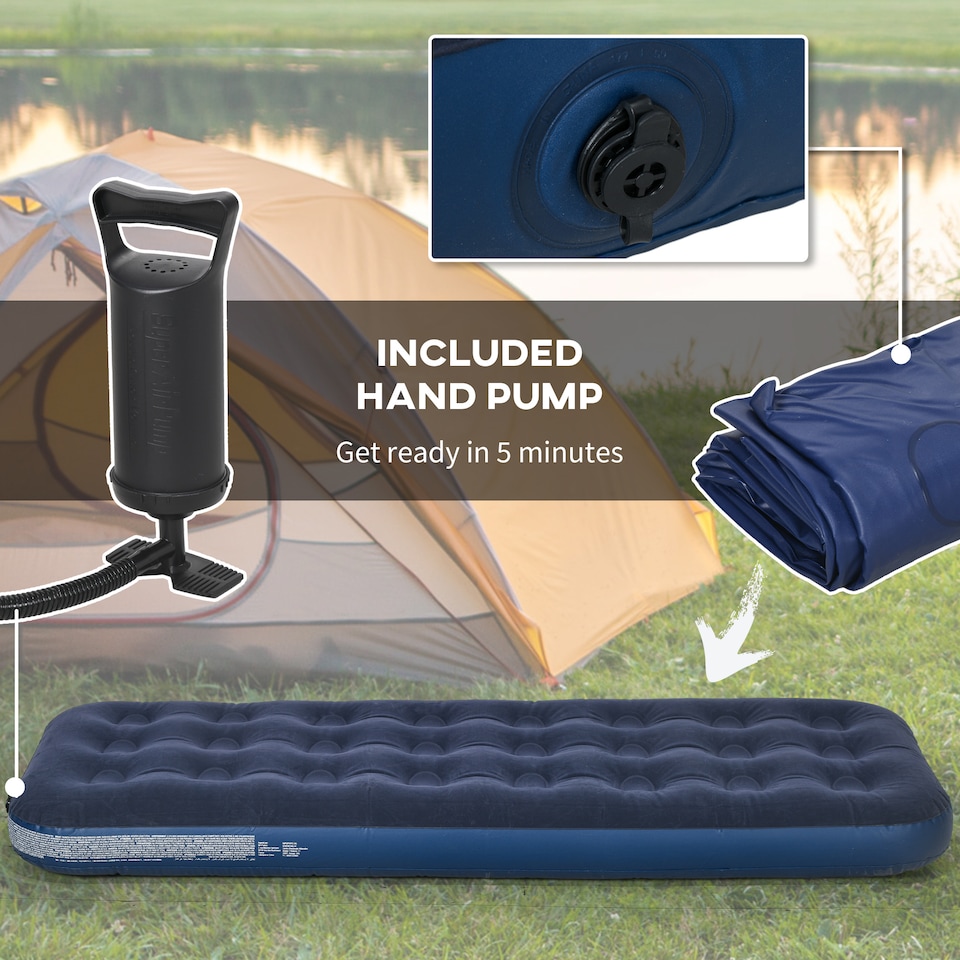 image 1 of Outsunny Single Air Mattress, Portable Air Bed with Flocked Surface, Blue | Blue | Blue