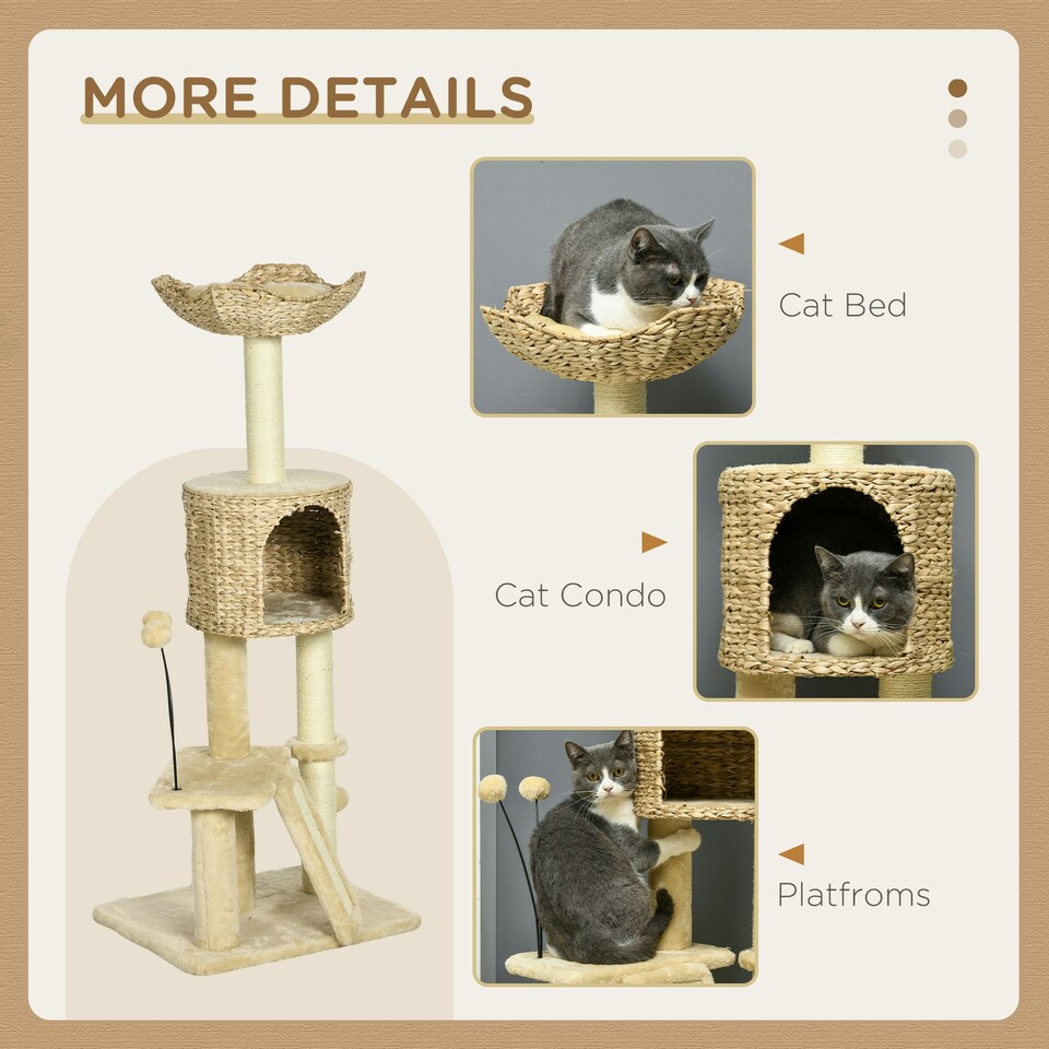 image 1 of PawHut 116cm Cat Tree Tower with Scratching Posts, House, Bed, Ramp, Beige