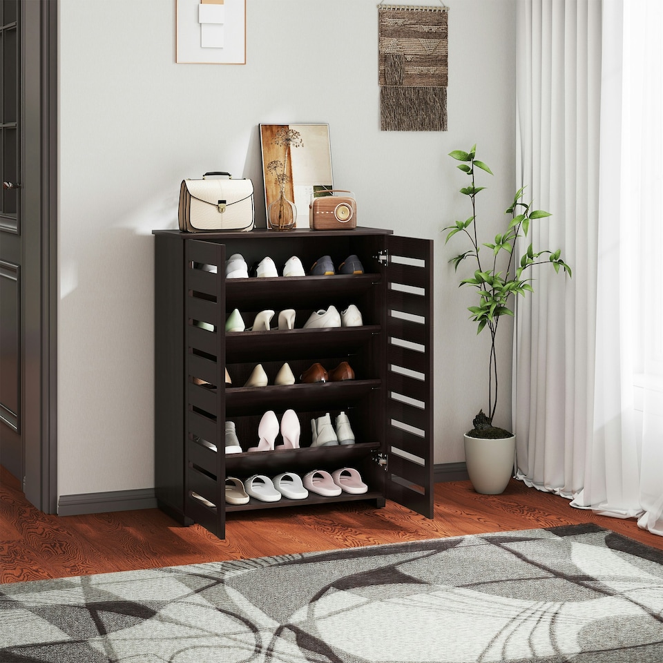 image 1 of HOMCOM Shoe Storage Cabinet with Slatted Doors for 15 Pairs of Shoes Brown Brown