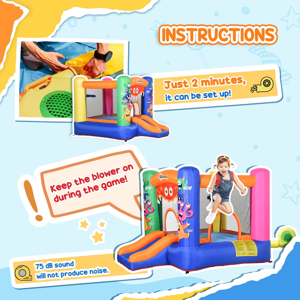 image 1 of Outsunny Bouncy Castle with Slide Basket Trampoline Monster Design