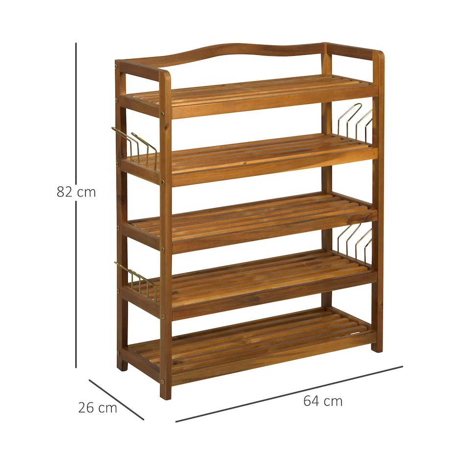 image 1 of HOMCOM 5-Tier Shoe Rack Acacia Wood Shoe Storage Shelf for Entryway Bedroom Teak