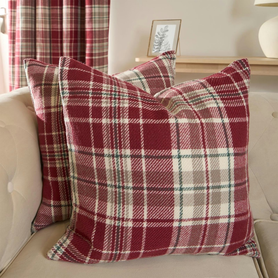 image 1 of OHS 2 x Dorset Woven Check Printed Filled Cushions, 45x45cm - Red