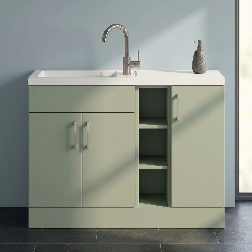 image 1 of Balterley Wichnor Contemporary Floor Standing Compact 3 Door Combination Vanity Basin Unit with Open Shelves and Polymarble Basin, 1100mm, Fern Green