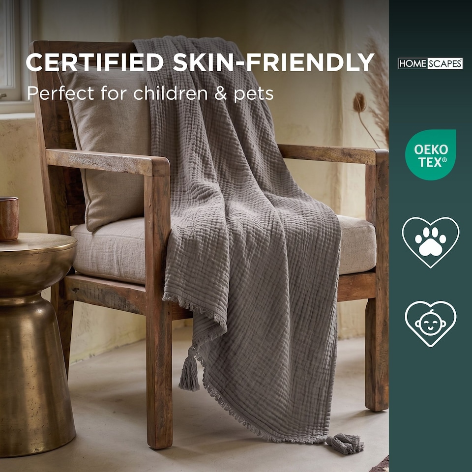 image 1 of Homescapes Pure Handmade Cotton Muslin Bed Throw Blanket - 127 x 180 cm