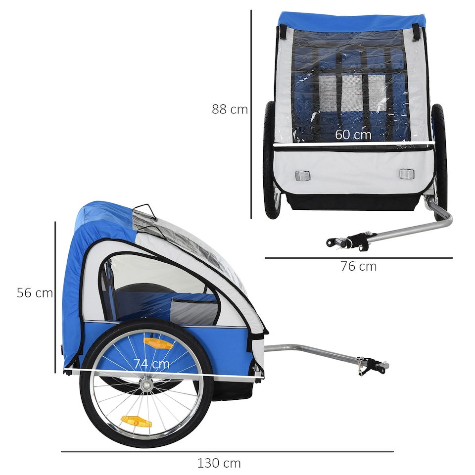image 1 of HOMCOM 18m+ 2-Seat Child Bike Trailer for Kid w/ Steel Frame Seat Belt Blue