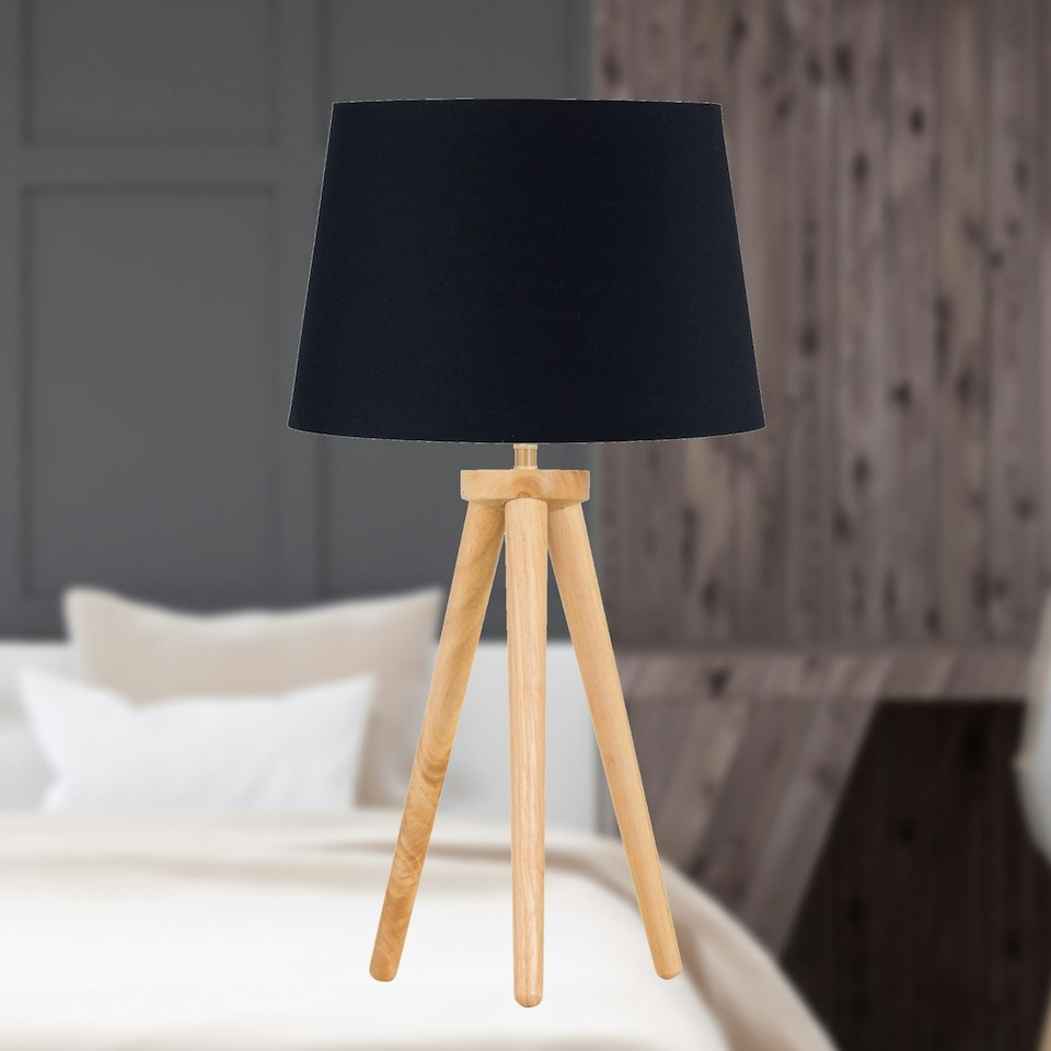 image 1 of Set of 2 Light Oak Table Lamp or Bedside Lights with Black Shades Brown | Black
