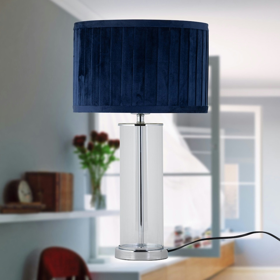 image 1 of Set of 2 Aura - Chrome Table Lamps with Navy Blue Velvet Pleat Shades Chrome | Blue