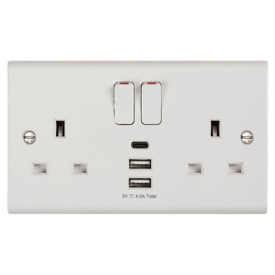 Deta S1288 Slimline Twin 13 Amp Switch Socket c/w 3 x USB Charging Ports