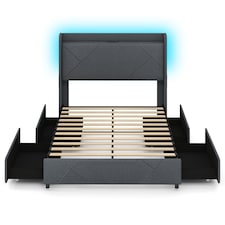 COSTWAY Double Size Bed Frame with Lights and Charging Grey