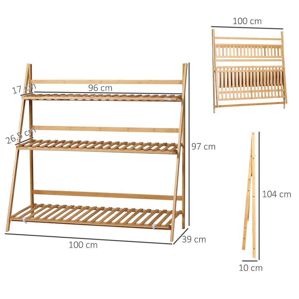 image 1 of Outsunny 3-Tier Folding Bamboo Plant Stand Display Rack for Indoor & Outdoor