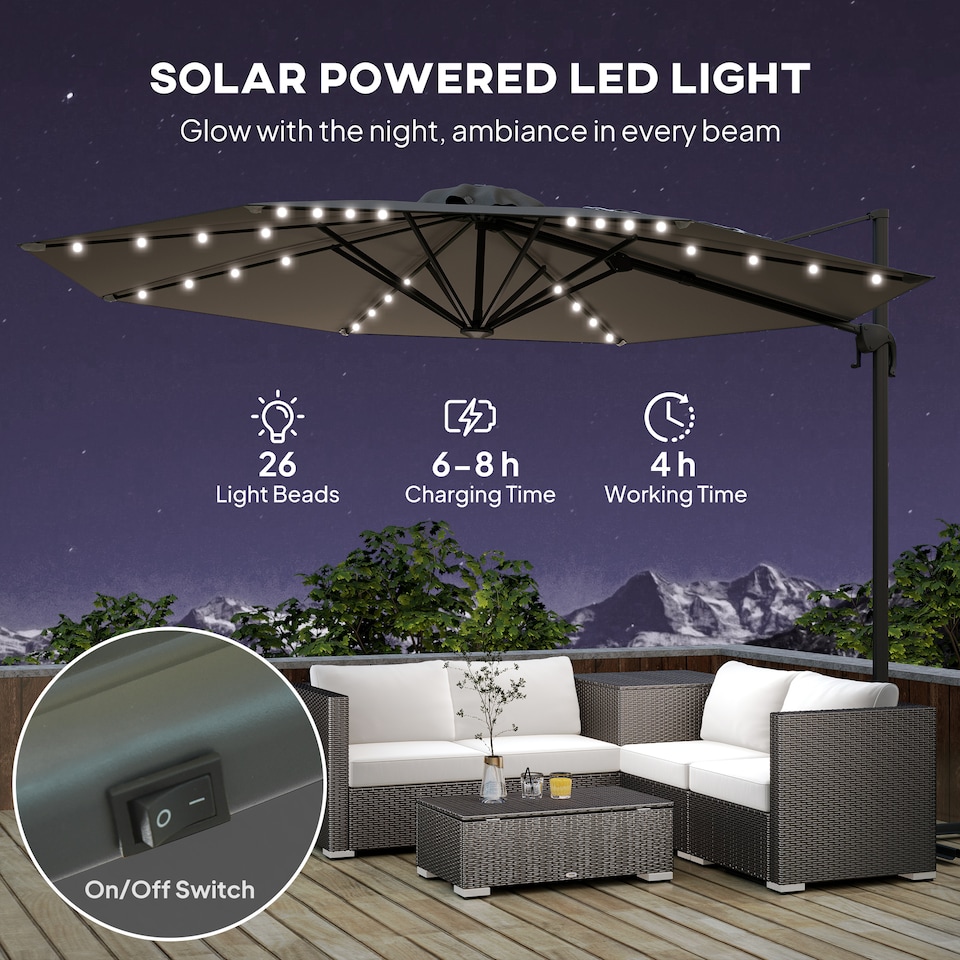 image 1 of Outsunny 3m Cantilever Roma Parasol Patio Sun Umbrella with Crank Tilt LED Solar Light Cross Base 360 Rotating Outdoor, Dark Grey