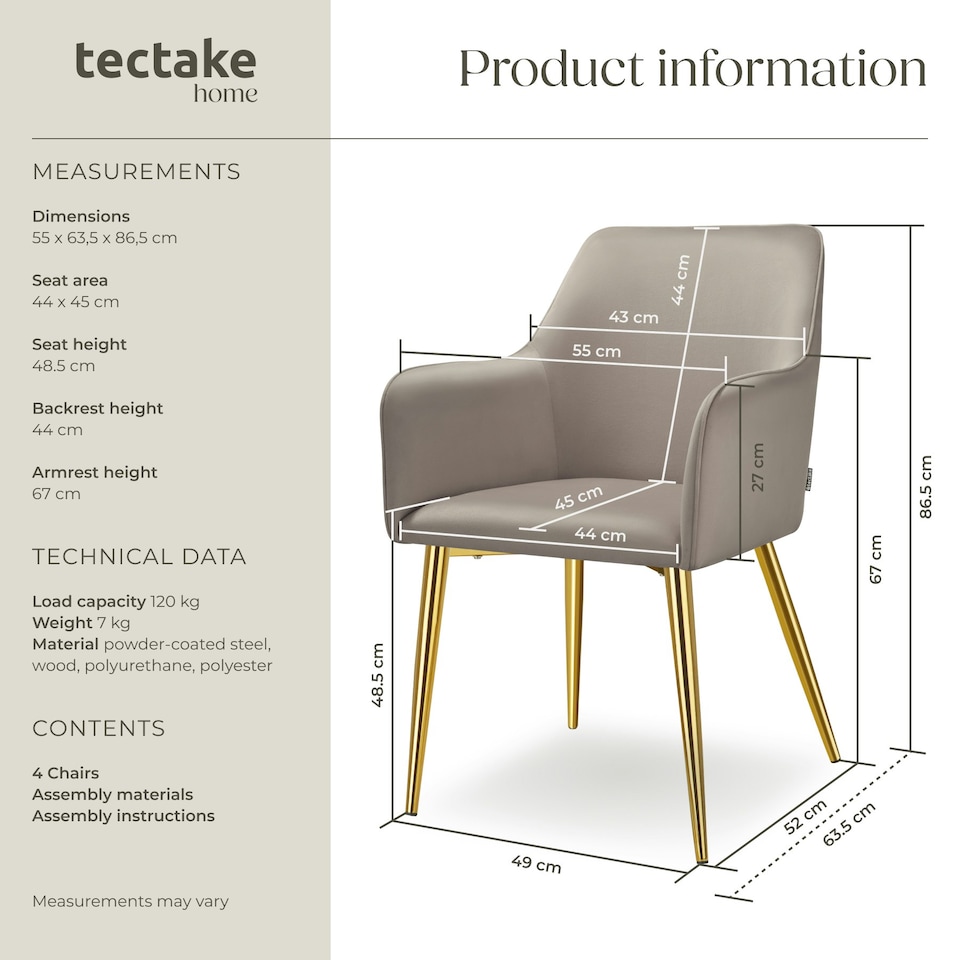 image 1 of Dining Chair Avane - velvet look, padded armchair, high backrest and high armrests - Set of 4 Grey | Taupe
