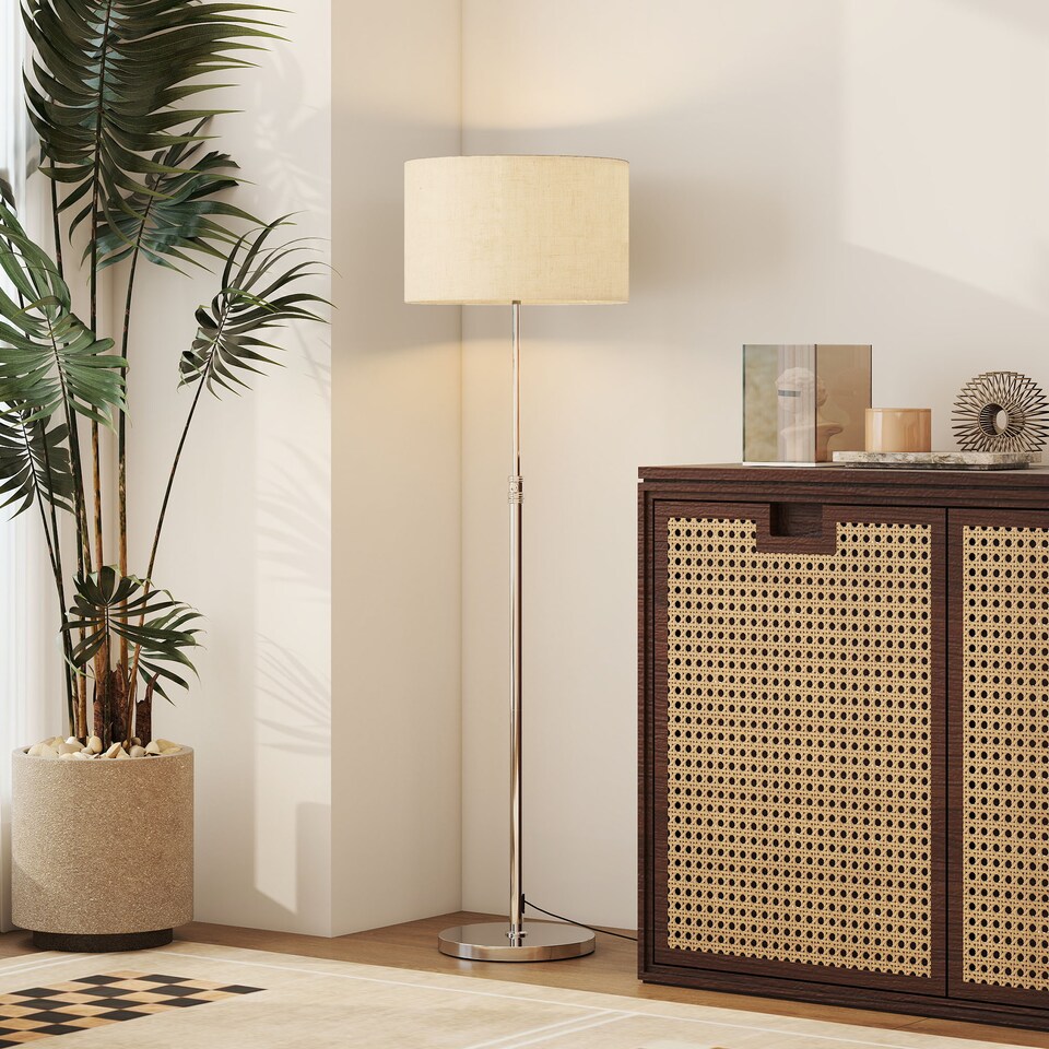 image 1 of HOMCOM Floor Lamp with Remote, Height Adjustable Standing Lamp with Linen Shade, Dimmable with 3000K-6000K Adjustable Colour Temperatures, Foot Switch for Living Room Bedroom Office, Silver Tone | Silver