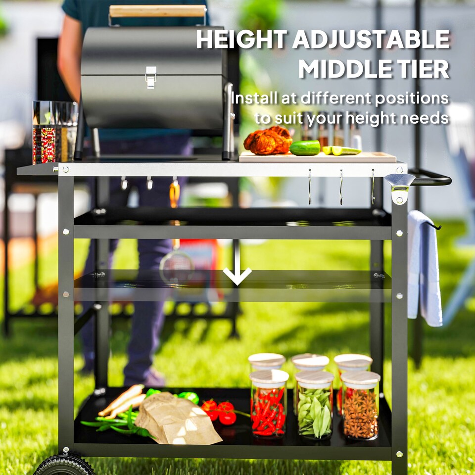 image 1 of Outsunny BBQ Trolley with Stainless Steel Top, Movable Barbecue Pizza Table