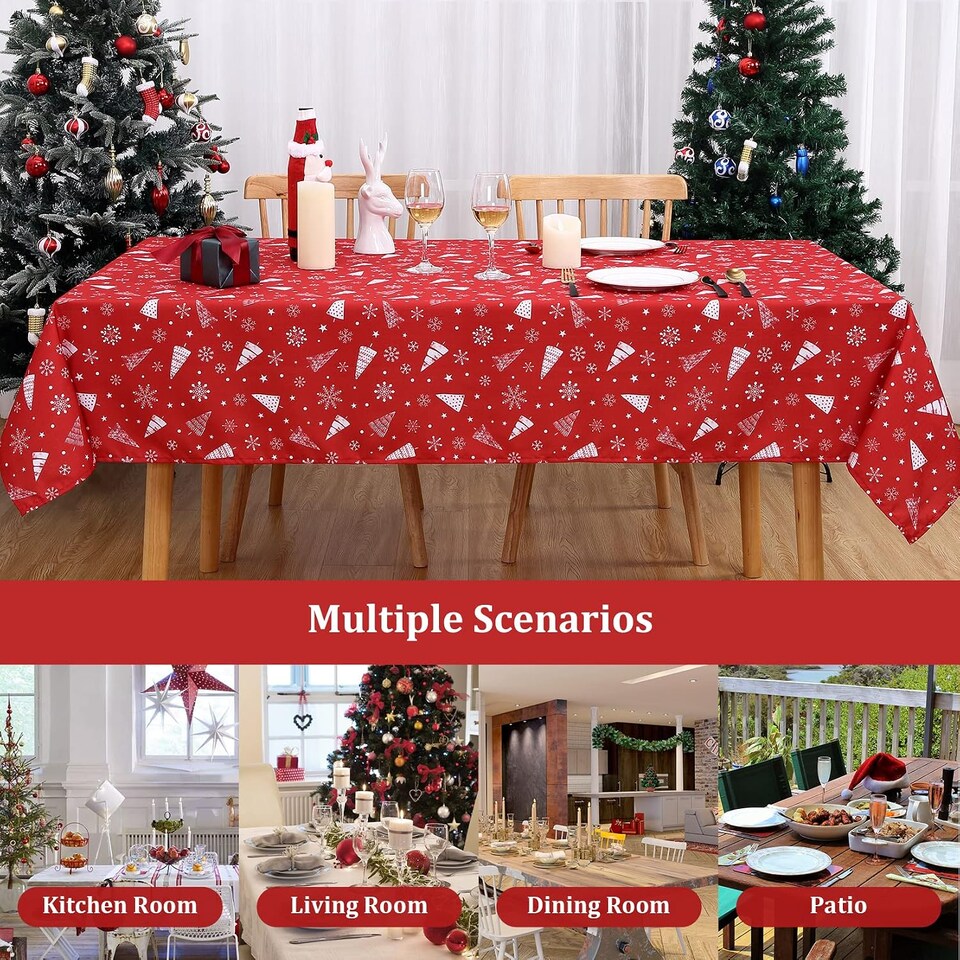 image 1 of London Boutique Christmas Tablecloth, Waterproof Wrinkle‑Free, Snowflake Tree and Reindeer Print, Red, 54 x 70 in