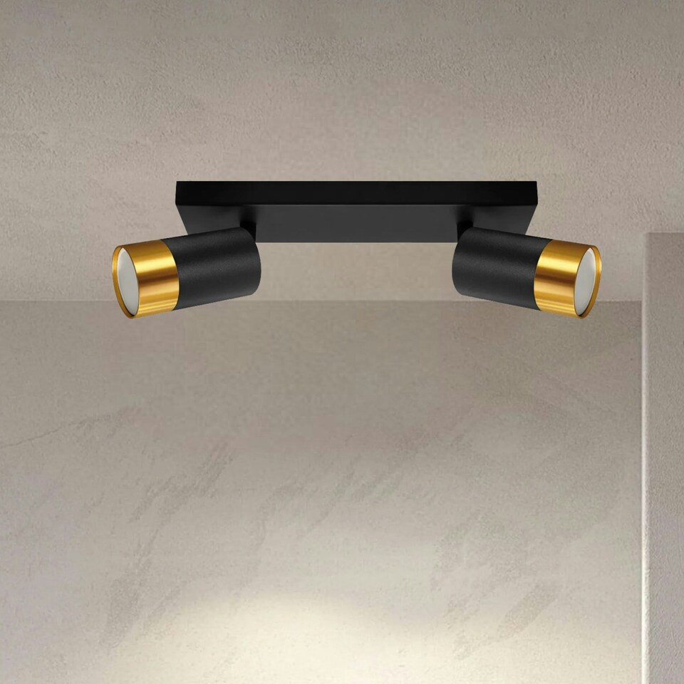 image 1 of CGC PUZON Black & Gold GU10 Adjustable Twin Two Head GU10 Ceiling Spotlight Bar Light Black