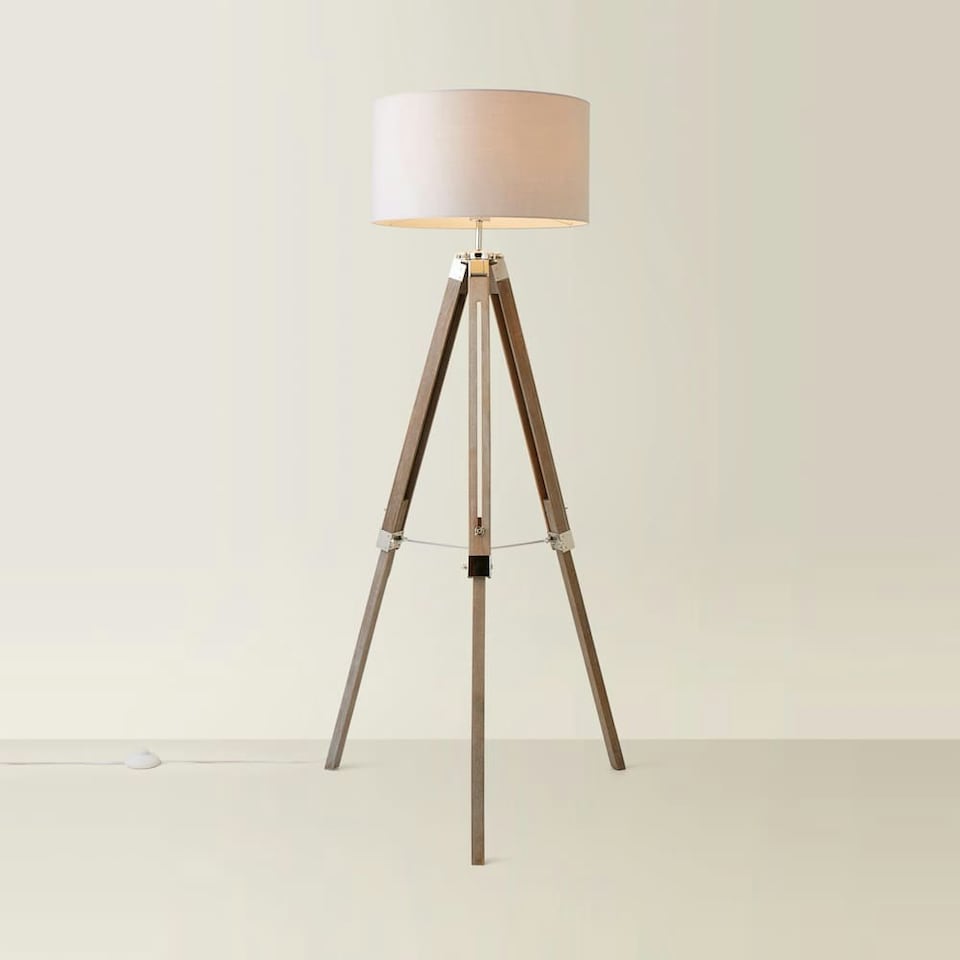 image 1 of ValueLights Modern Light Wood And Chrome Tripod Floor Lamp With Cool Grey Drum Shade Brown