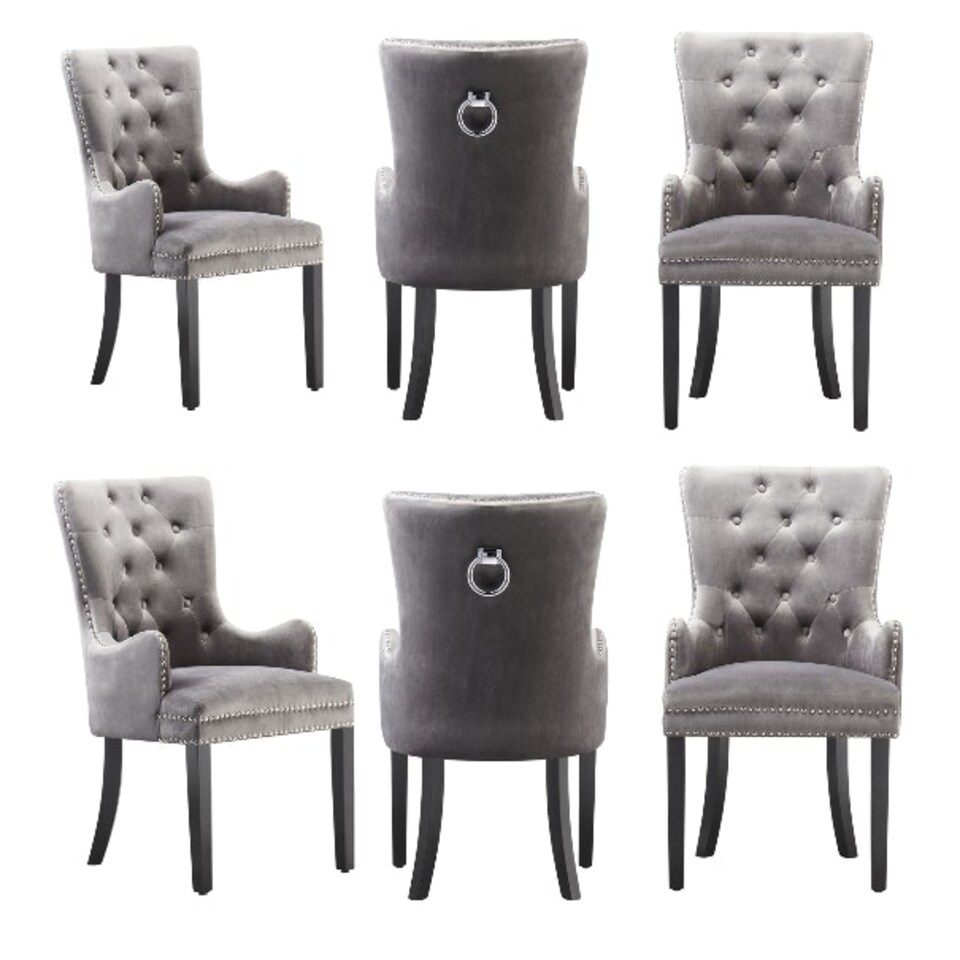image 1 of Set of 6 Velvet Dining Chairs with Armrest, Ergonomic Scoop Knockerback & Button Tufted Wood Legs Grey | Dark Grey
