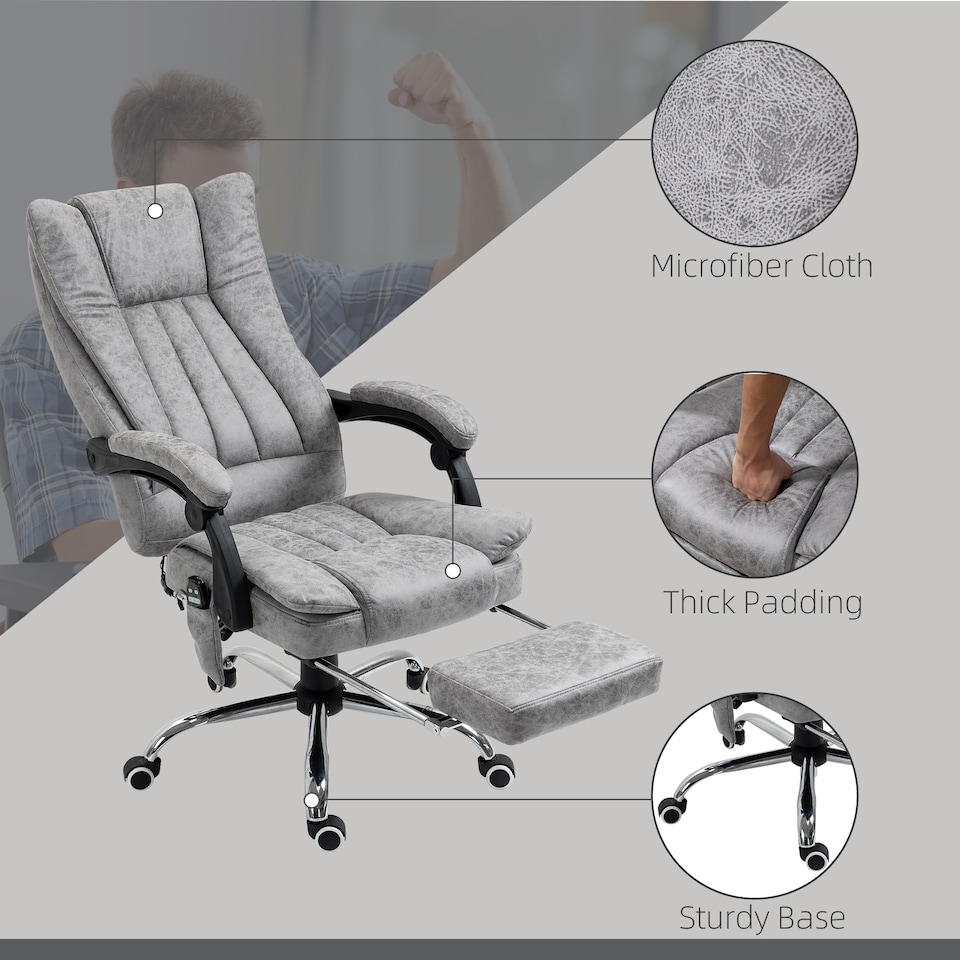 image 1 of Vinsetto Office Chair with Massage and Heat, Microfibre Reclining Computer Desk Chair with Footrest and Adjustable Height, Swivel Wheels for Home Office, Grey