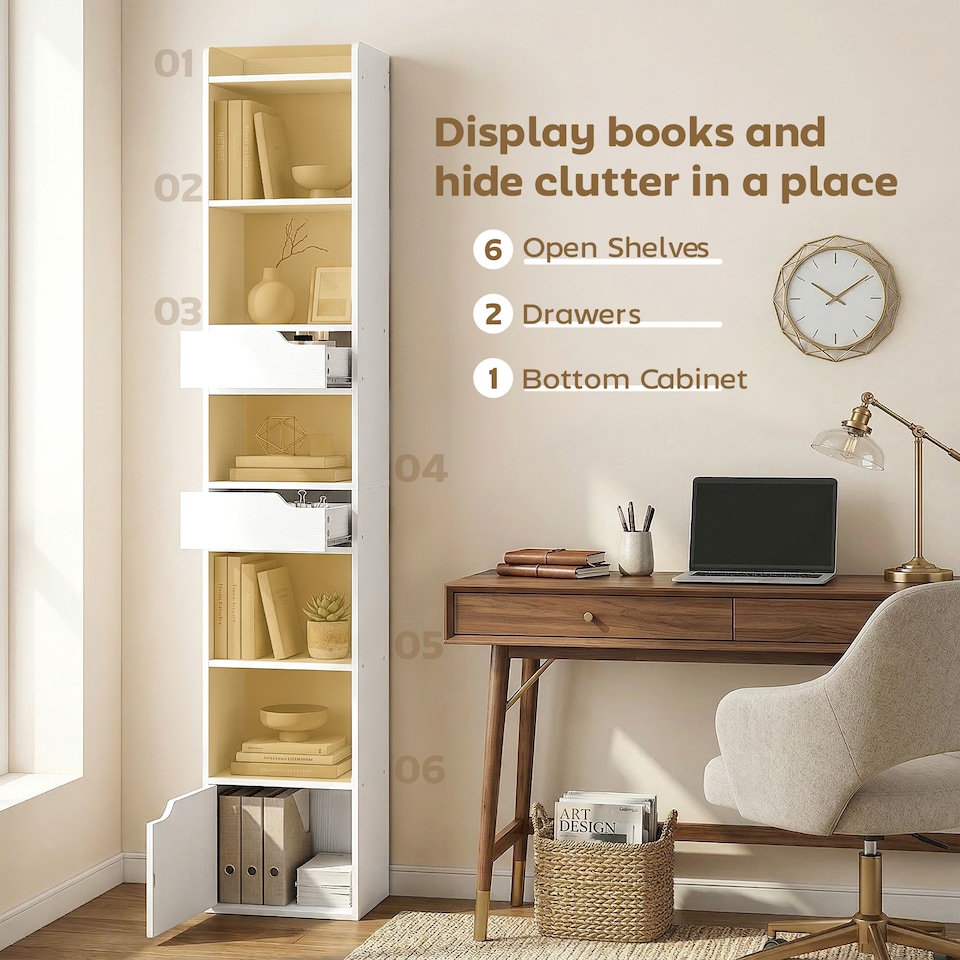 image 1 of HOMCOM Bookcase Tall Narrow with 5 Tiers Drawers