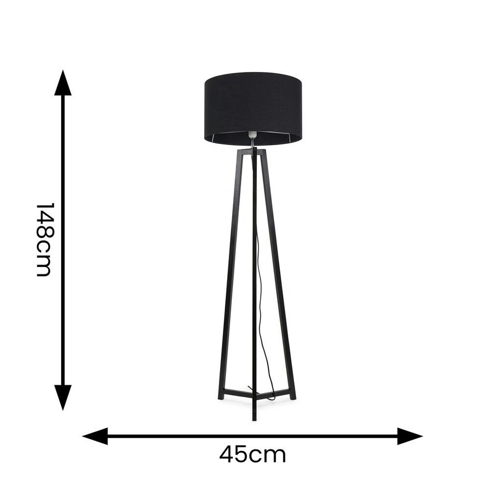 image 1 of ValueLights Lottie Black Wood Tripod Floor Lamp with Black Fabric Drum Shade | Black