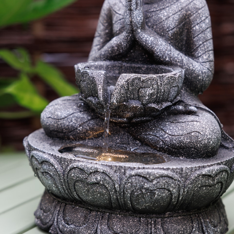 image 1 of Praying Buddha Tabletop Water Feature With LED Lights