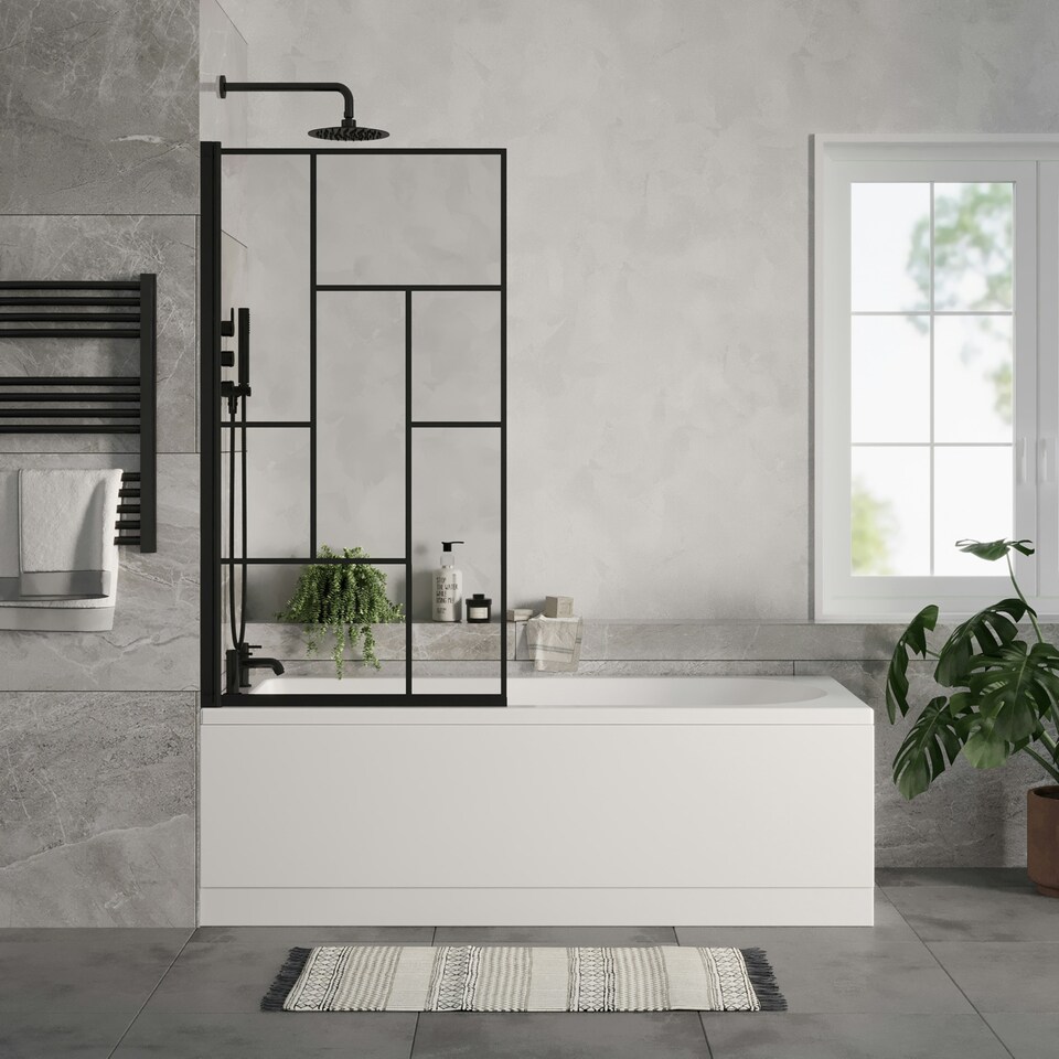 image 1 of Round Single Ended Bath, Abstract Black Screen, Panels, Black Waste -1700x700mm White