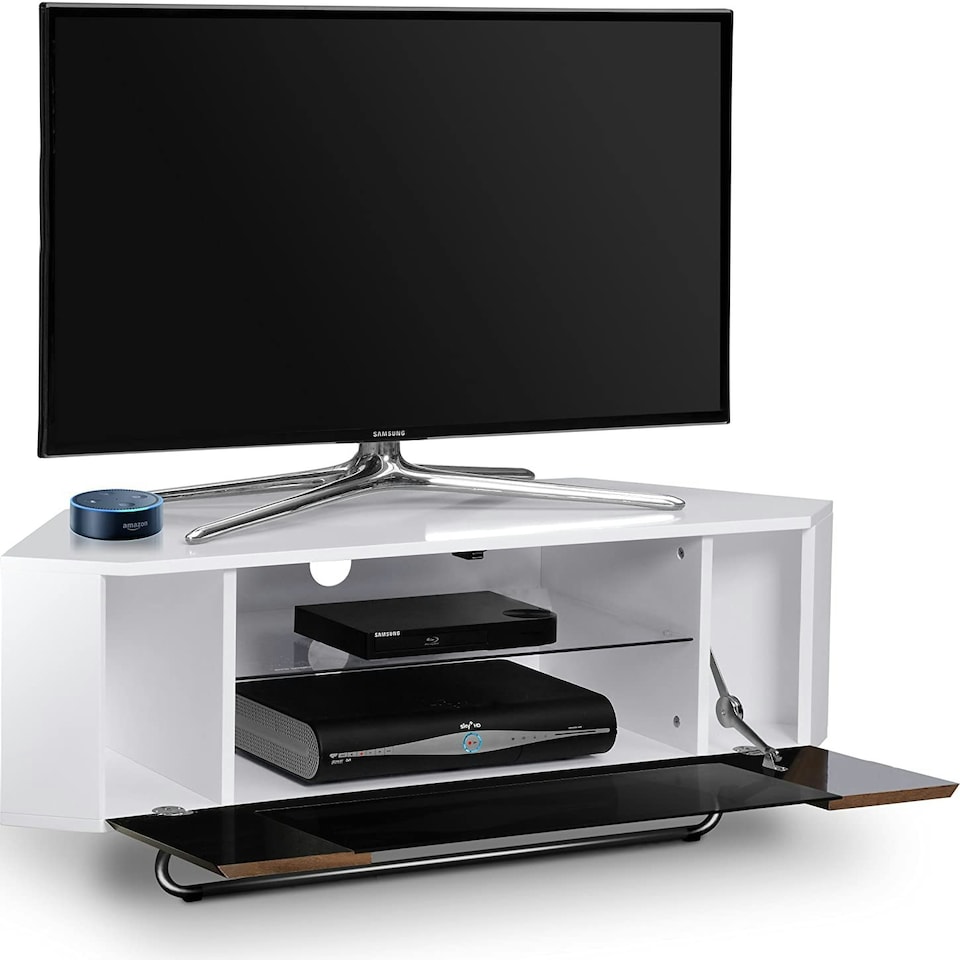 image 1 of Centurion Supports Hampshire Corner-Friendly Gloss White with Walnut Contrast Beam-Thru Remote Friendly Door 26"-50" Flat Screen TV Cabinet White | Walnut
